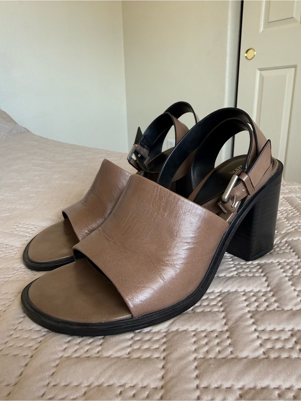 Zara Taupe Open-Toe Block Heel Slingbacks
